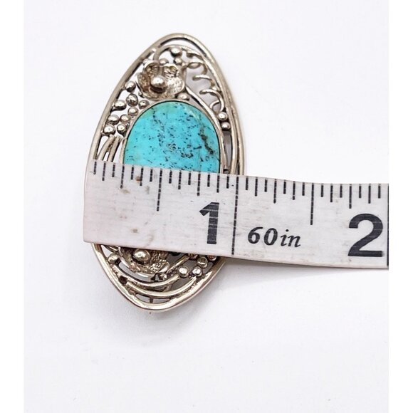 Vintage 925 Sterling Silver Turquoise Brooch Filigree Floral Artisan Signed Alok - Picture 5 of 10
